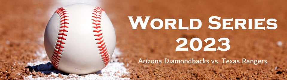 baseball on dirt with text "world series 2023 arizona diamondbacks vs texas rangers"